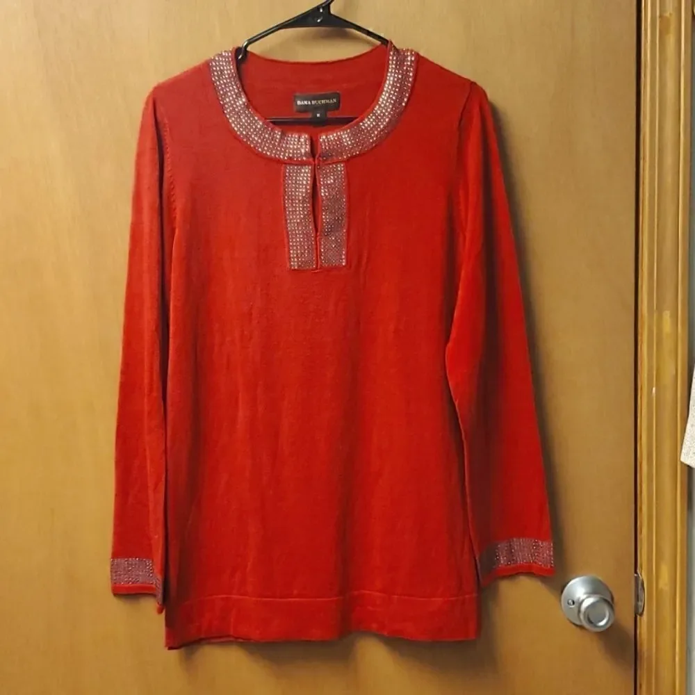 Dana Buchman Women’s Red Rhinestone  Sweater, Size Medium